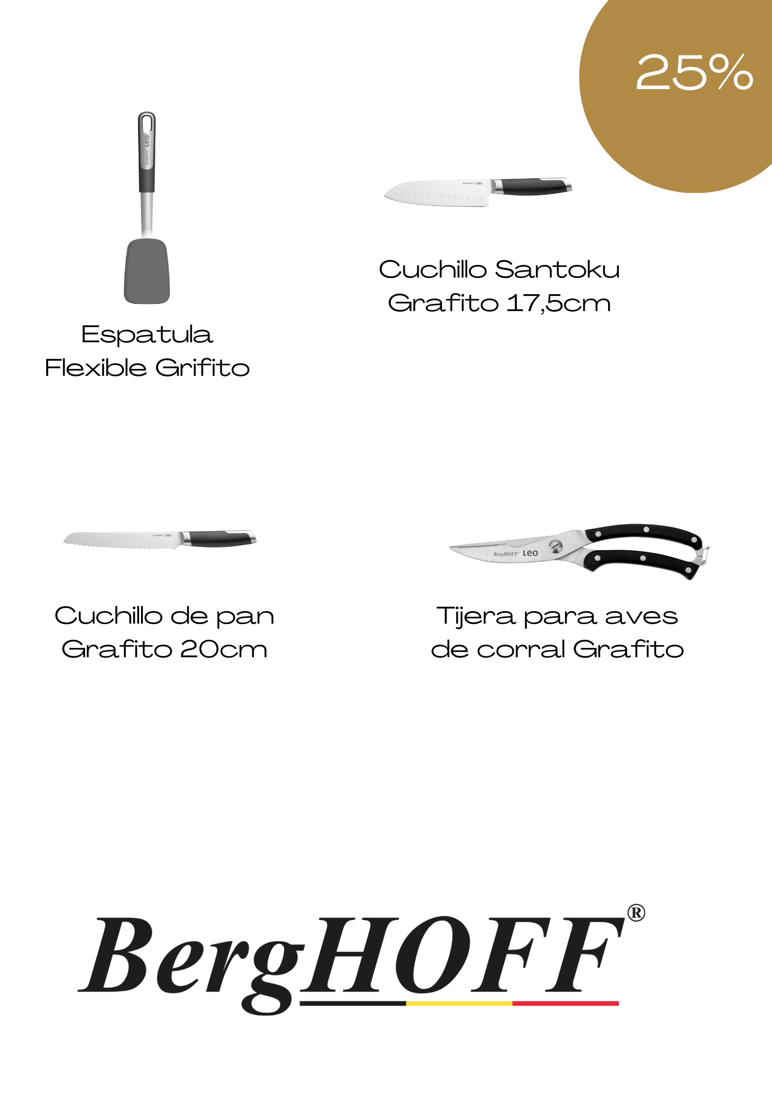 BERGHOFF- Combo Espátula flexible - Cuchillo Santoku Grafito 17.5 cm - Cuchillo de pan grafito 20cm & Tijera para aves de corral